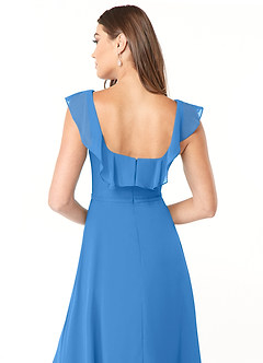 Azazie Jinny Vestidos de damas de honor Vestido de Azul Grisaceo de Gasa de Corte en A con Cuello Cuadrado Acanalado image6
