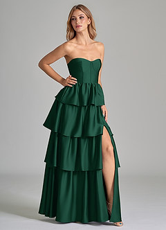 Azazie Faye Bridesmaid Dresses Dark Green A-Line Ruched Stretch Satin Dress image1