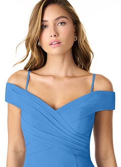 Azazie Lecia Bridesmaid Dresses Blue Jay Empire Off-The-Shoulder Pleated Chiffon Convertible Dress image2