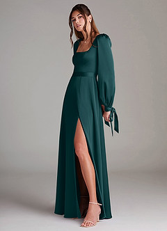 Azazie Leonia Bridesmaid Dresses Pine A-Line Long Sleeve Stretch Satin Dress image5