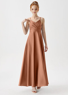 Azazie Avelina Junior Abito A-Line in Raso Elasticizzato Plissettato Bronzo image4