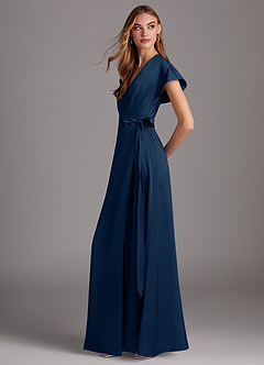 Azazie Nico Bridesmaid Dresses Dark Navy A-Line V-Neck Stretch Satin Dress image2