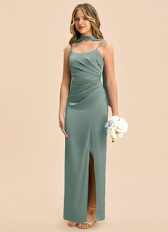 Azazie Calandra Junior Silver Sage Sheath Pleated Stretch Satin Dress image4