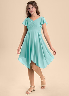 Azazie Janeaurelia Junior Aqua A-Line Pleated Chiffon Dress image3