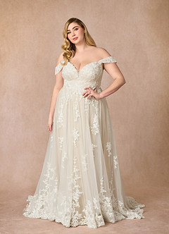 Azazie Botanica Wedding Dresses Diamond White Nude A-Line Off the Shoulder Tulle Dress image7