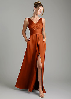 Azazie Karina Bridesmaid Dresses Burnt Orange A-Line Pleated Stretch Satin Dress image1