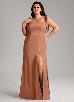 Azazie Frostine Bridesmaid Dresses Bronzer A-Line Bow Stretch Satin Dress image7