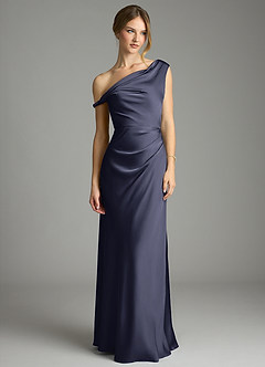Azazie Emerson Robes de demoiselle d'honneur Robe Sirène en Satin extensible Épaules dénudées Bleu Orageux image3
