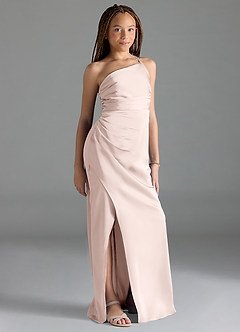 Azazie Eren Junior Blushing Pink Sheath Pleated Stretch Satin Dress image1