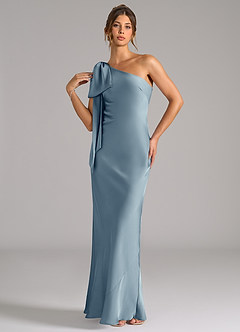 Azazie Capri Robes de demoiselle d'honneur Robe Sirène en Satin extensible Ue épaule Bleu Poussiéreux image3