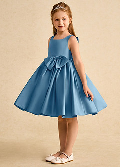 Azazie Jessie vestidos de niña de las flores Vestido de Azul Acero de Satin Mate de Corte En A con Lazo image4