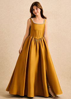 Azazie Enid Girls Formal Blomsterpigekjoler A-Line Perlebesat Stræk satin Gulv-længde Kjole image1
