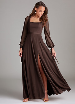 Azazie Leonia Bridesmaid Dresses Ganache A-Line Long Sleeve Mesh Dress image2