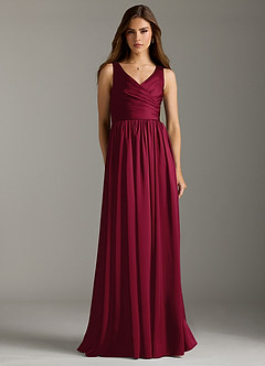 Azazie Keyla Bridesmaid Dresses Burgundy A-Line Pleated Stretch Satin Dress image4