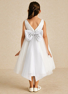 Azazie Kavi Flower Girl Dresses Ivory White A-Line Bow Matte Satin Dress image1