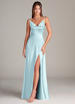 Azazie Sarella Robes de demoiselle d'honneur Robe Trapèze en Satin extensible Plissée Bleu Nuage image1