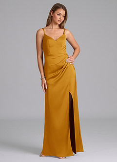 Azazie Leo Vestidos de damas de honor Vestido de Caramelo de Satén Elástico de Corte Recto con Plisado image5