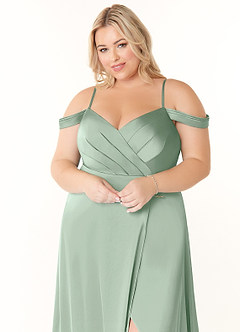 Azazie Ocean Bridesmaid Dresses Agave A-Line V-Neck Pleated Stretch Satin Dress image10