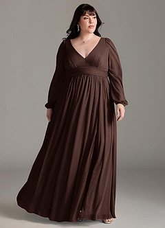 Azazie Norah Vestidos de damas de honor Vestido de Ganache de Gasa de Corte en A con Manga larga con cuello en V image6