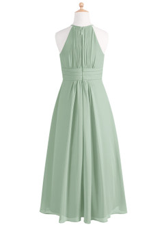 Azazie Bonnie Junior Abito A-Line in Chiffon Plissettato Agave image6