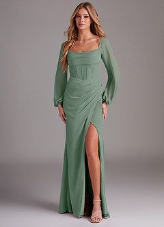 Azazie Charissa Bridesmaid Dresses Silver Sage Sheath Long Sleeve Chiffon Dress image1