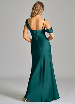 Azazie Celina Bridesmaid Dresses Peacock Sheath Off the Shoulder Stretch Satin Dress image2