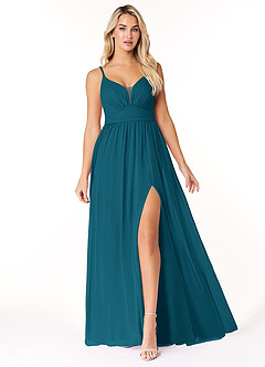 Azazie Rayna Final Sale Ink Blue A-Line V-Neck Pleated Chiffon Dress image1