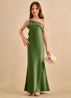 Azazie Almond Girls Formal Robe Demoiselle D'honneur Fillette Robe Fourreau en Satin extensible Une épaule Genévrier image4