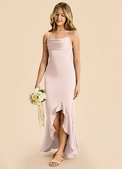 Azazie Magnolia Junior Blushing Pink Sheath Ruched Stretch Satin Dress image6
