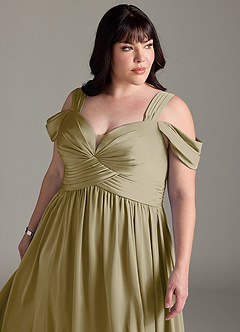 Azazie Lianne Bridesmaid Dresses Moss Green A-Line Off the Shoulder Stretch Satin Dress image6