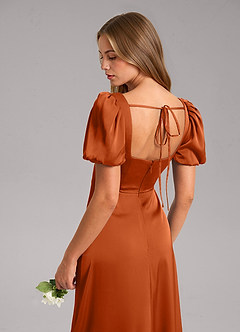 Azazie Fyona Bridesmaid Dresses Burnt Orange A-Line Pleated Stretch Satin Dress image7