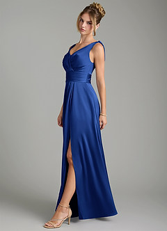Azazie Karina Robes de demoiselle d'honneur Robe Trapèze en Satin extensible Plissée Bleu Roi image3