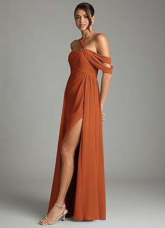 Azazie Kassandra 신부 들러리 드레스 A라인 오프 더 숄더 쉬폰 바닥 길이 드레스 image4