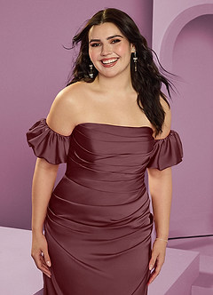 Barbie ♥ Azazie Bridesmaid Dresses Sangria Sheath Off the Shoulder Stretch Satin Convertible Dress image15