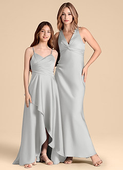 Azazie Prisha Junior Vestido de Plata de Satén Elástico de Corte en A con Plisado image3