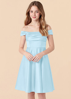 Azazie Amira Junior Sky Blue A-Line Pleated Stretch Satin Dress image4