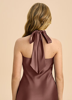 Azazie Chickie Junior Espresso Sheath Pleated Stretch Satin Dress image6