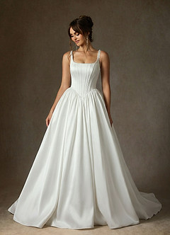 Azazie Cyanne 웨딩드레스 볼가운 포켓이 있는 스트레치 새틴 채플 트레인 드레스 image7