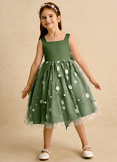 Azazie Bean Blumenmädchenkleider Ballkleid Schleifen Tüll Kleid Olivgrün image3