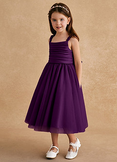 Azazie Gabbie Flower Girl Dresses Grape A-Line Pleated Matte Satin Dress image5