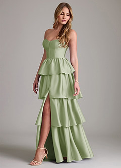 Azazie Faye Bridesmaid Dresses Dusty Sage A-Line Ruched Stretch Satin Dress image3