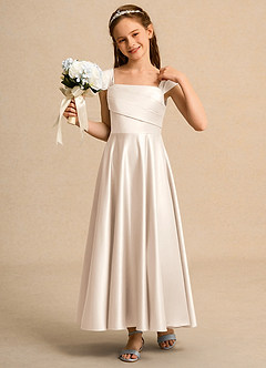 Azazie Bundle Junior Formal 플라워 걸 드레스 A라인 주름진 매트 새틴 발목 길이 드레스 image4