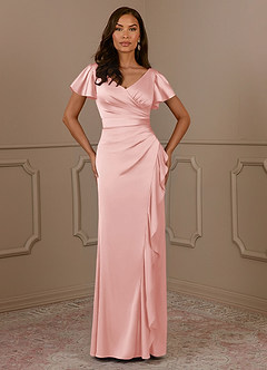 Azazie Roya Mother of the Bride Dresses Powder Pink Mermaid V-Neck Pleated Stretch Satin Dress image2