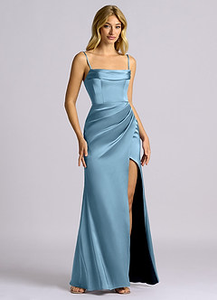 Azazie Auden Bridesmaid Dresses Steel Blue Sheath Off the Shoulder Stretch Satin Convertible Dress image3