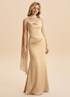 Azazie Sorrel Junior Robe Trapèze en Satin extensible Rayé Champagne image3