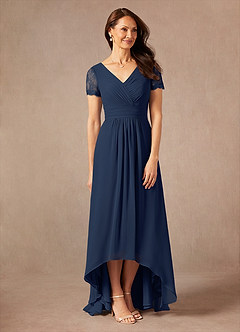 Azazie Polly vestidos de madre de la novia Vestido de Azul Marino Oscuro de Gasa de Corte En A con Encaje image7