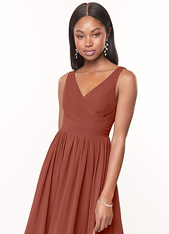 Azazie Keyla Bridesmaid Dresses Auburn A-Line V-Neck Pleated Chiffon Dress image5