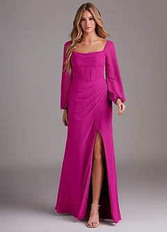 Azazie Charissa Robes de demoiselle d'honneur Robe Fourreau en Mousseline de soie Manche longue Fuchsia image3