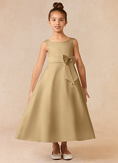 Azazie Lindy Flower Girl Dresses Gold A-Line Pleated Matte Satin Dress image2