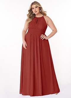 Azazie Bonnie Vestidos de damas de honor Vestido de Terracota de Gasa de Corte en A con Cuello de pico fruncido image6